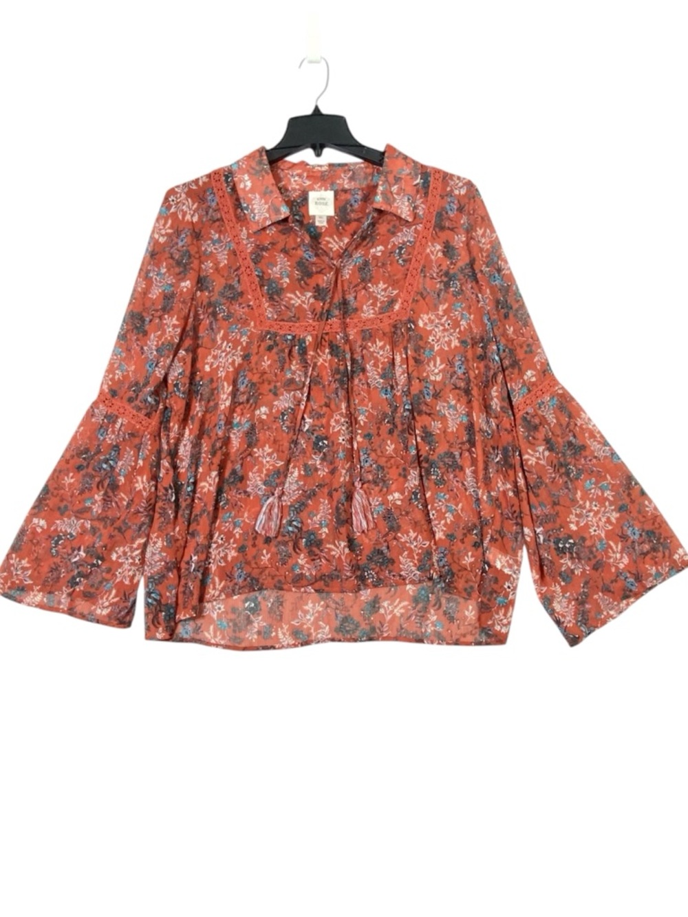 Knox Rose Boho Peasant Floral Blouse Women's XL Rust Red Bell Sleeve Cottagecore